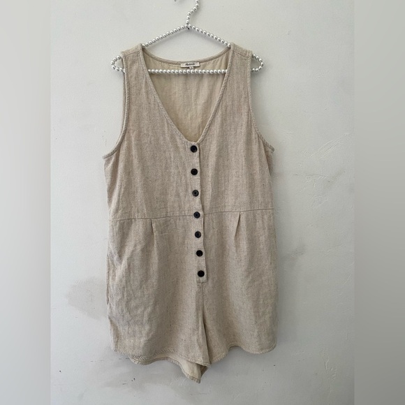 Madewell Tan Button-Front Jumpsuit v neck linen summer rompers - Picture 1 of 11